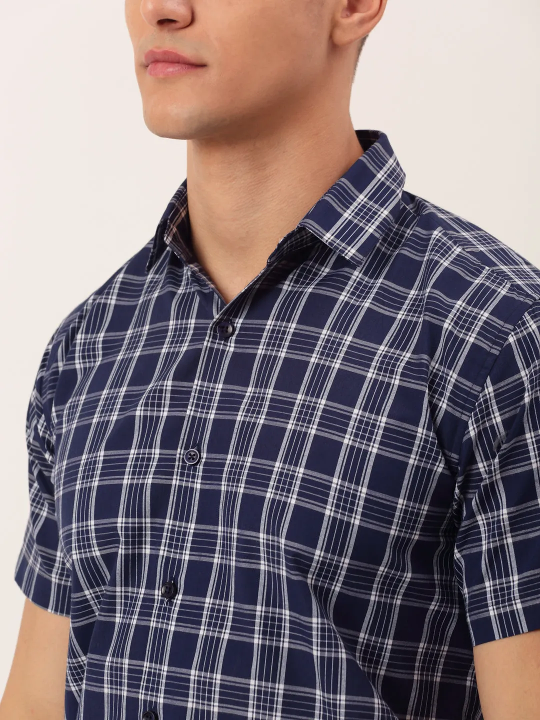 Men's Cotton Checked Half Sleeve Formal Shirts ( SF 808Blue ) - Jainish