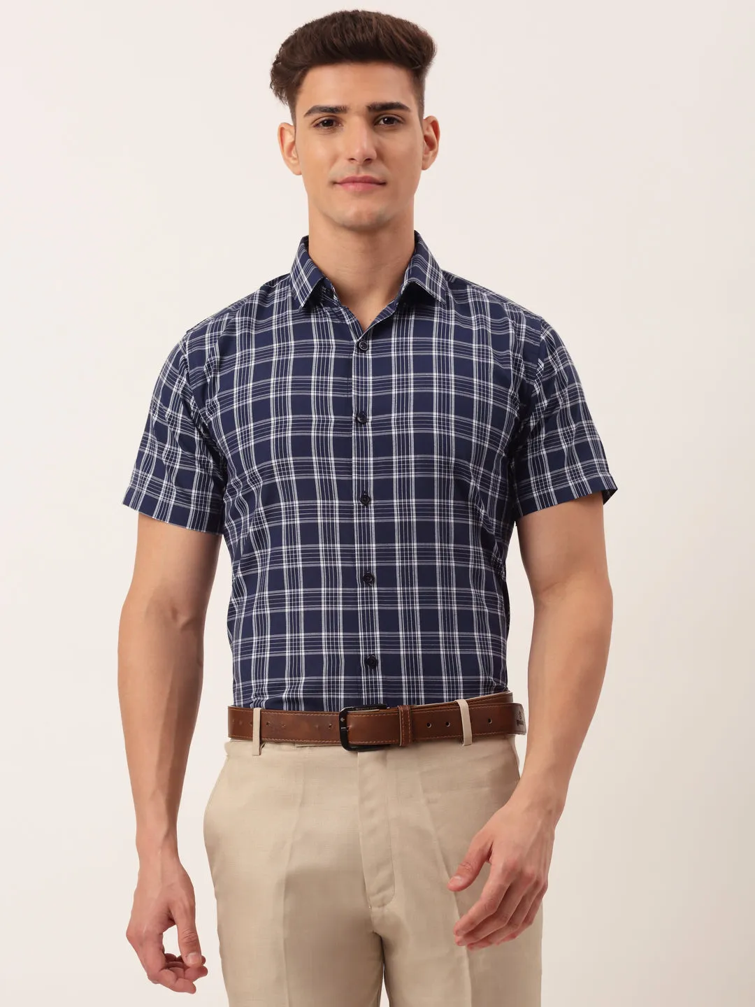 Men's Cotton Checked Half Sleeve Formal Shirts ( SF 808Blue ) - Jainish