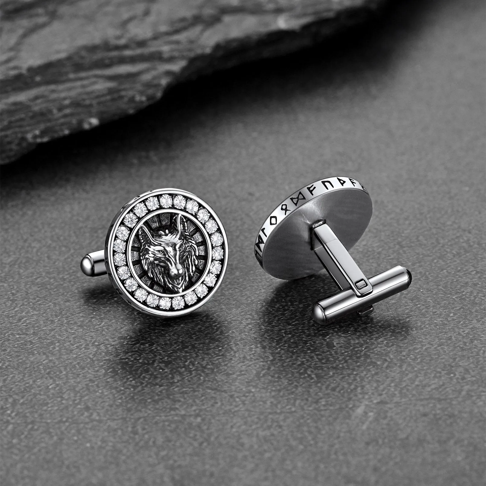 Men's CZ Norse Viking Wolf Cufflinks in Stainless Steel