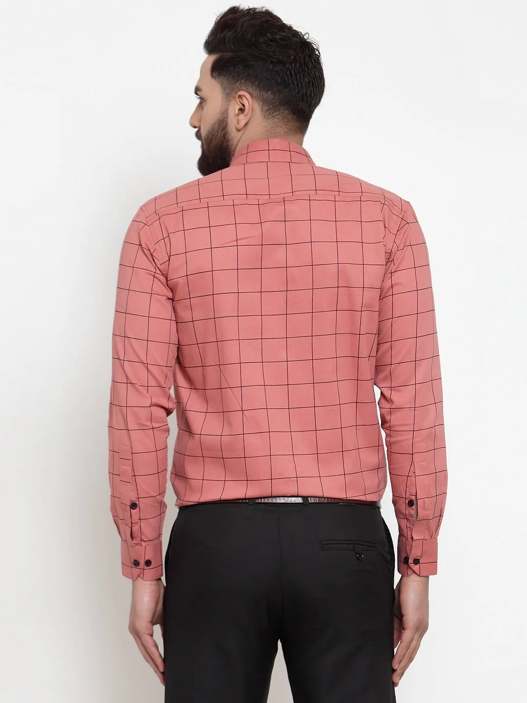 Men's Peach Cotton Checked Formal Shirts ( SF 742Peach ) - Jainish