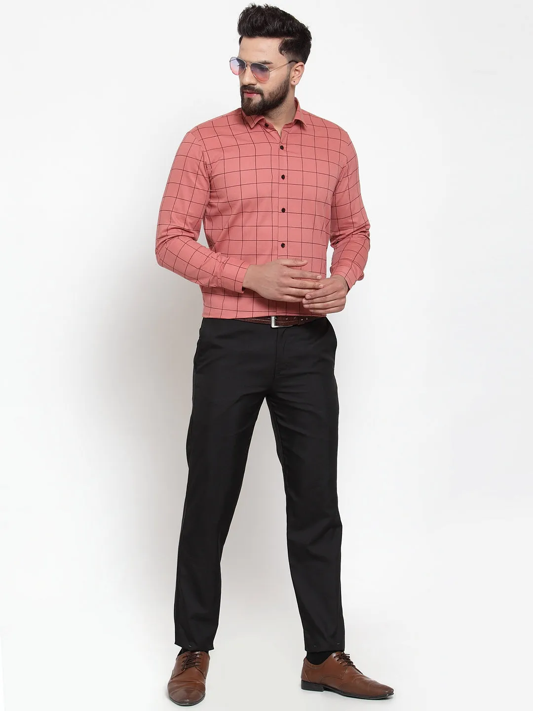 Men's Peach Cotton Checked Formal Shirts ( SF 742Peach ) - Jainish