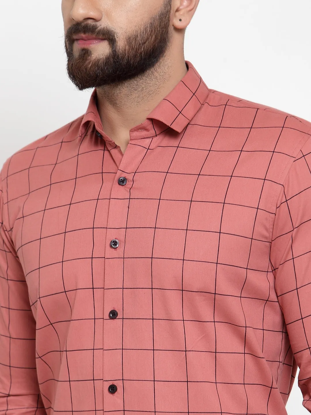 Men's Peach Cotton Checked Formal Shirts ( SF 742Peach ) - Jainish