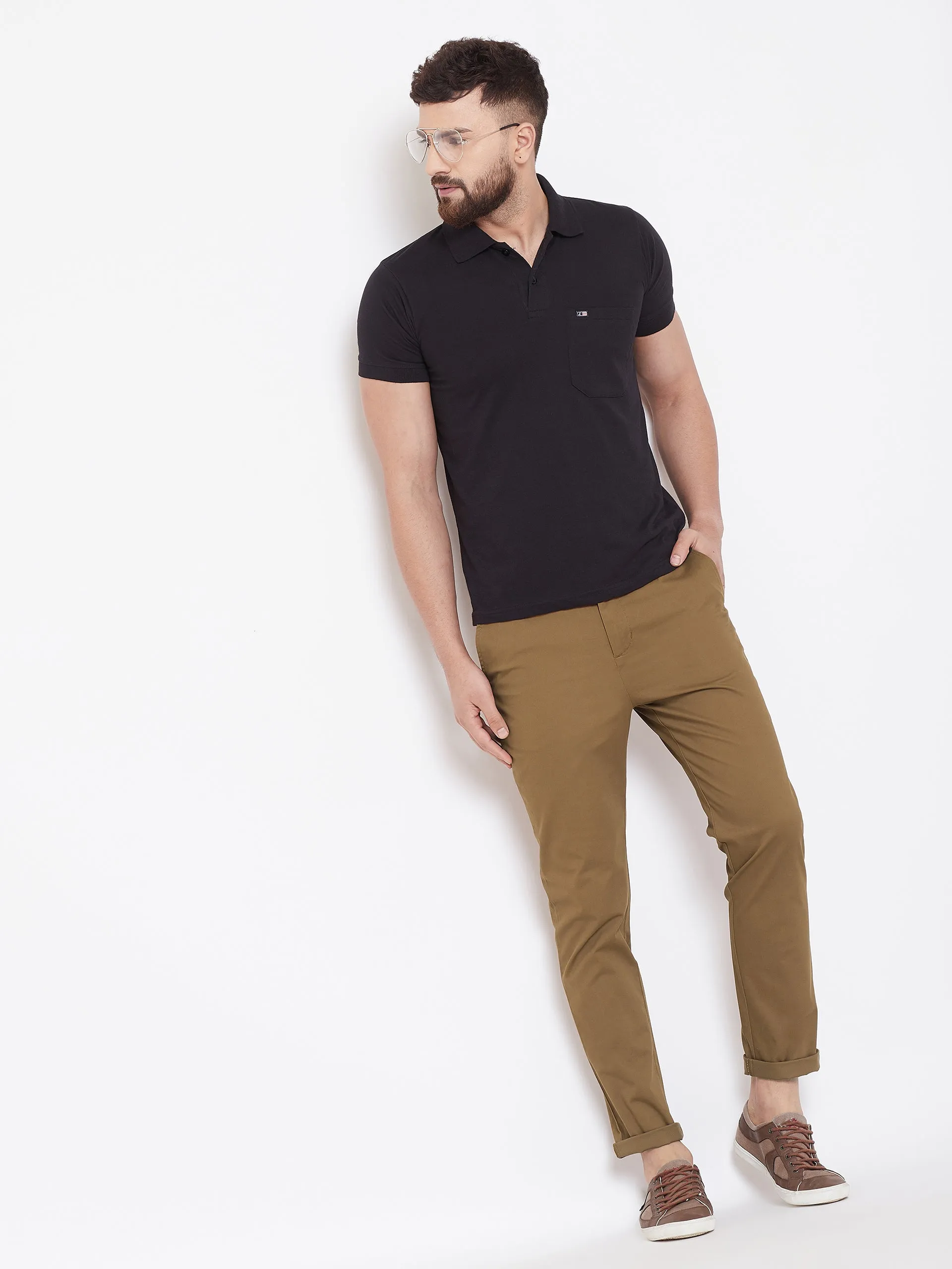 Men's Tan Stretch Washed Casual Tailored Fit Chinos