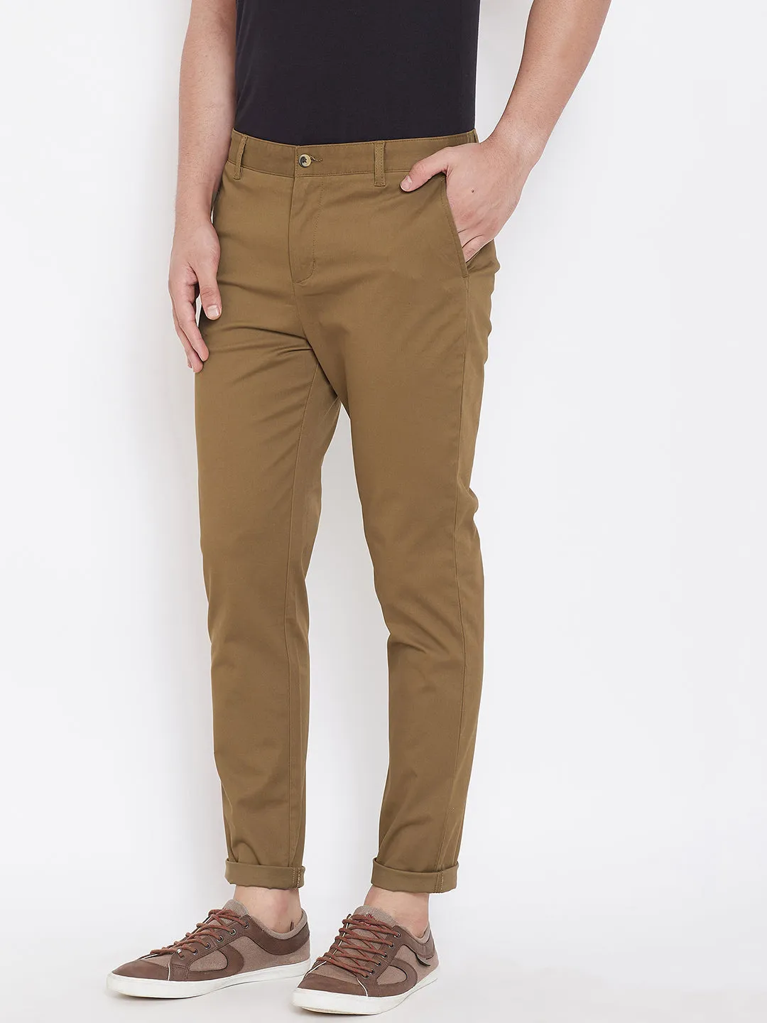 Men's Tan Stretch Washed Casual Tailored Fit Chinos