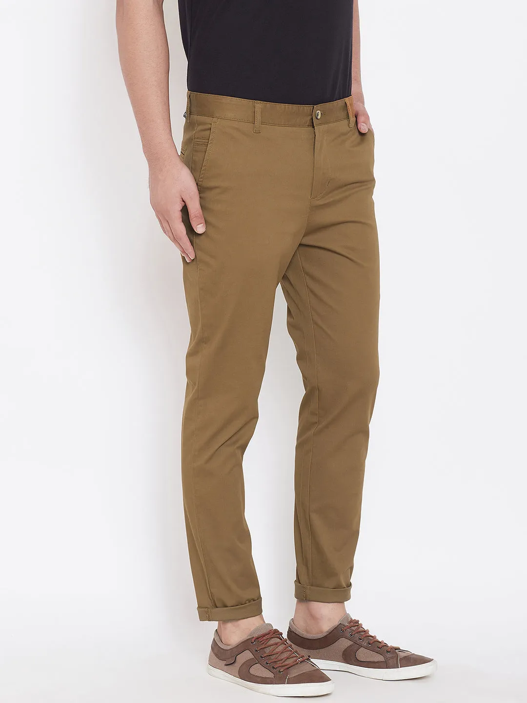 Men's Tan Stretch Washed Casual Tailored Fit Chinos