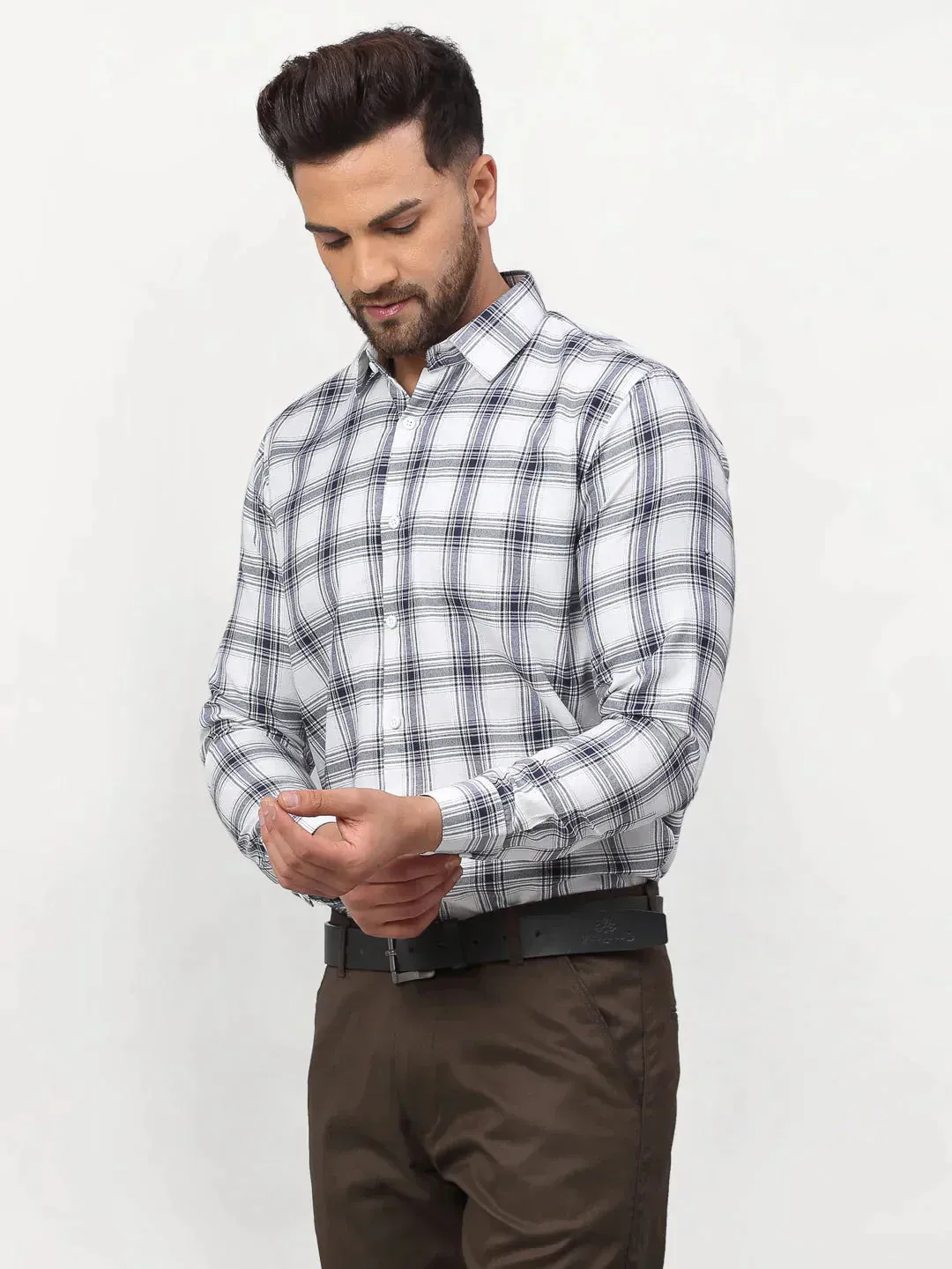 Men's White Checked Formal Shirts - Taantav