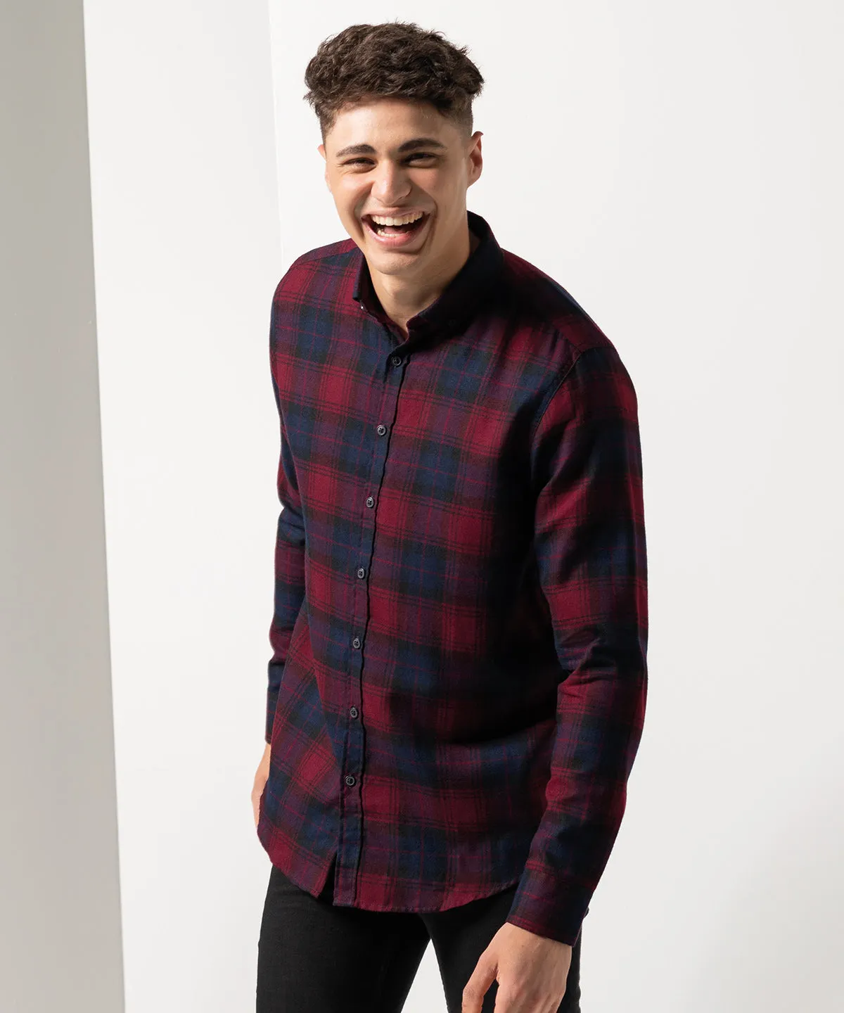 Navy Check - Brushed check casual shirt with button-down collar