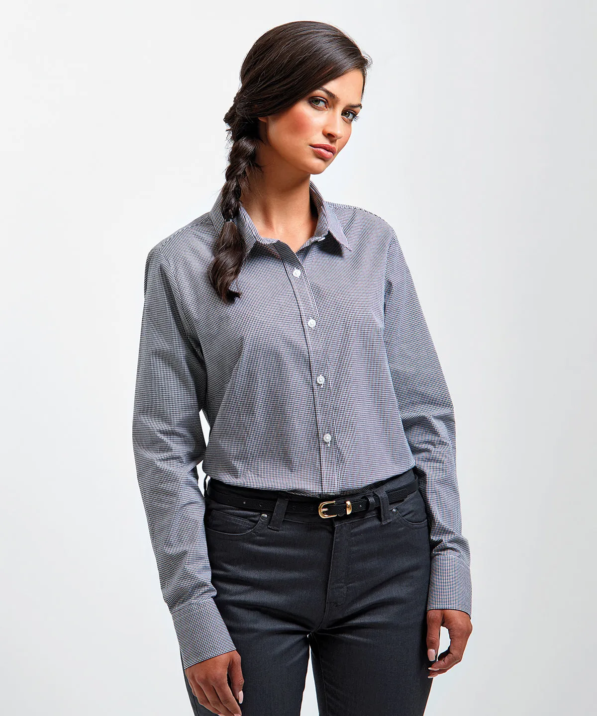 Navy/White - Women's Microcheck (Gingham) long sleeve cotton shirt