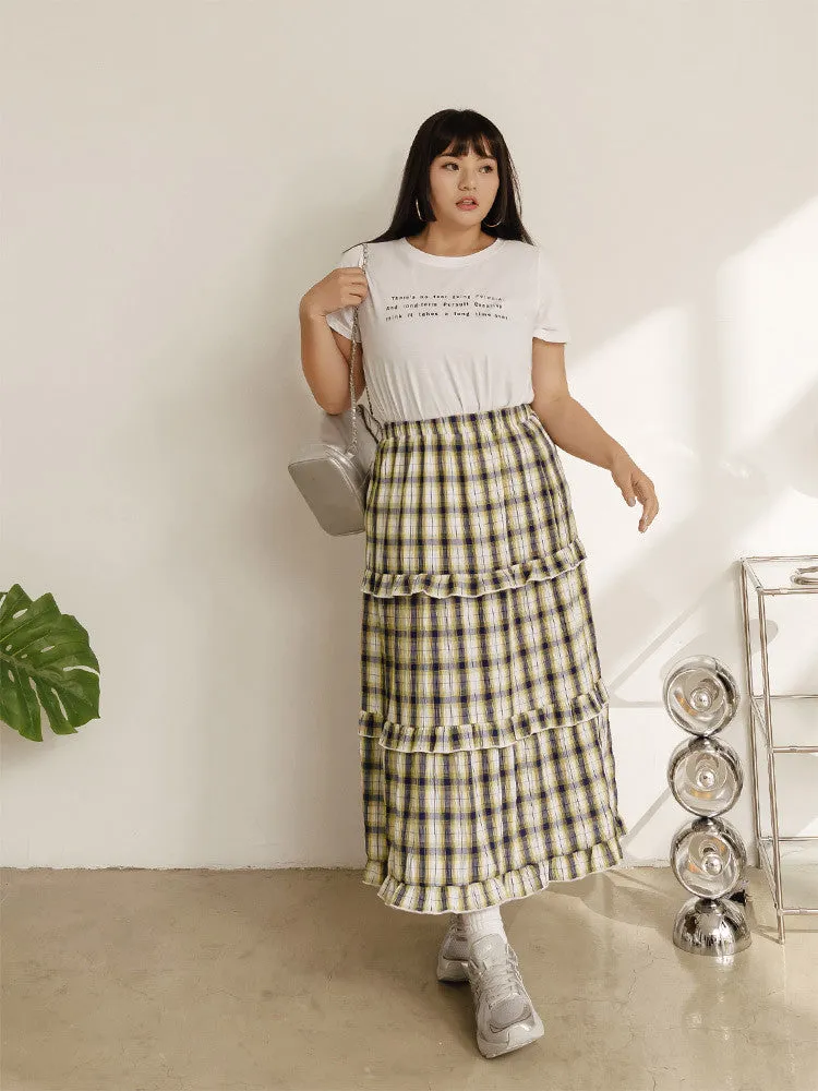 Ob Design Women Casual Long Plaid Ruffle Tiered Maxi Skirt Plus Size