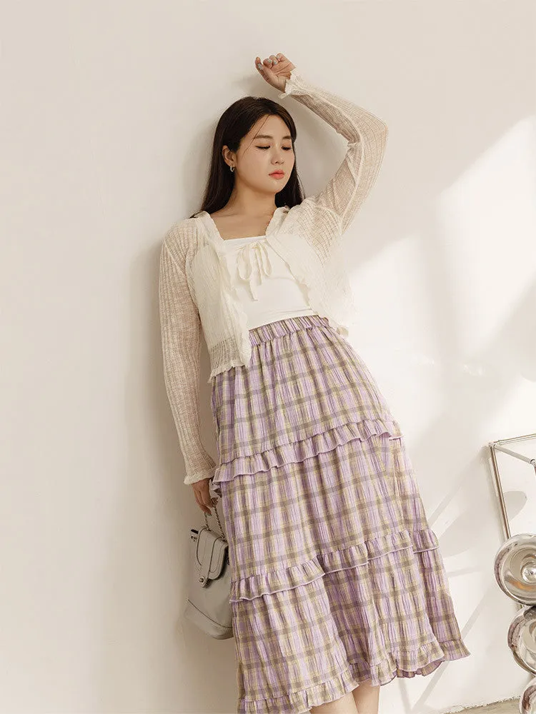 Ob Design Women Casual Long Plaid Ruffle Tiered Maxi Skirt Plus Size