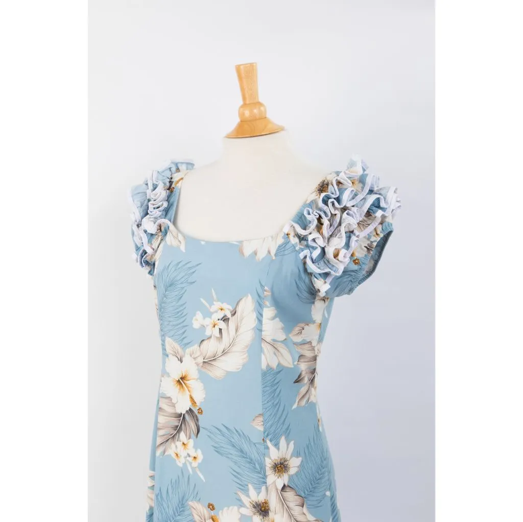 Pastel Blue Hibiscus Print Ruffle Sleeve Dress