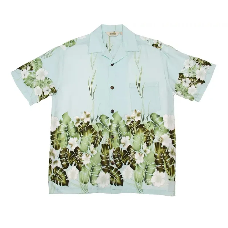 Pastel Blue Leafy Jungle Rayon Hawaiian Shirt | Pastel Blue