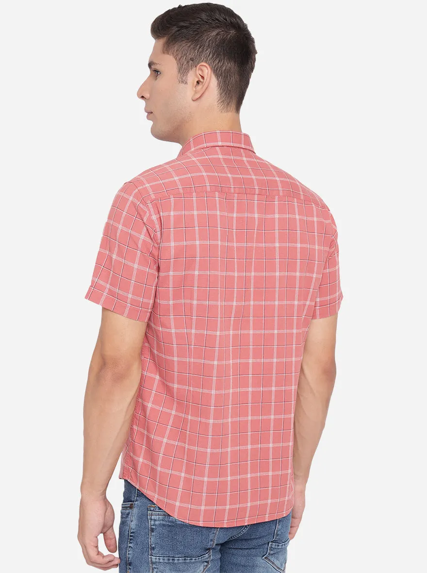 Peach Checked Slim Fit Casual Shirt | Greenfibre