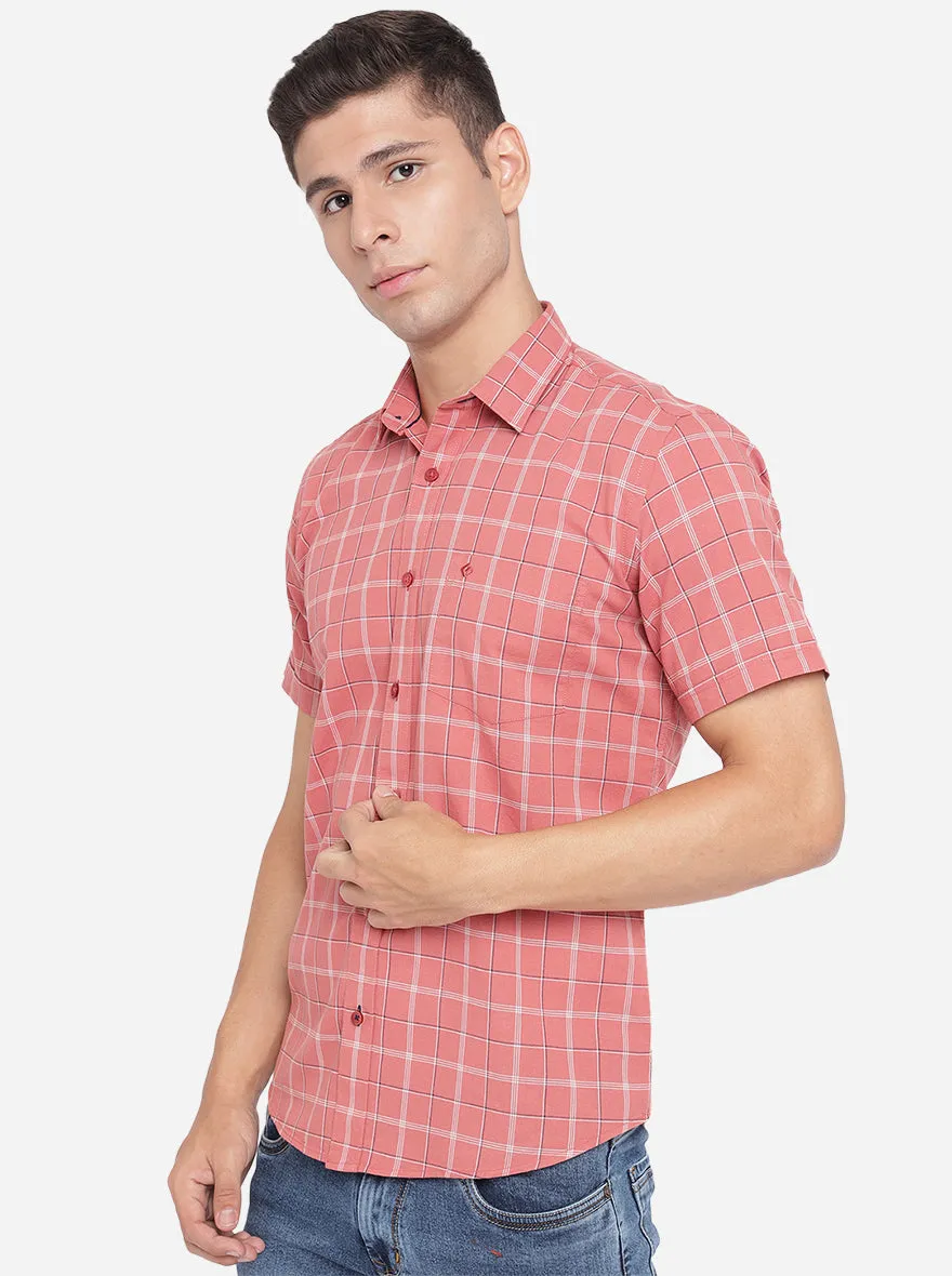 Peach Checked Slim Fit Casual Shirt | Greenfibre