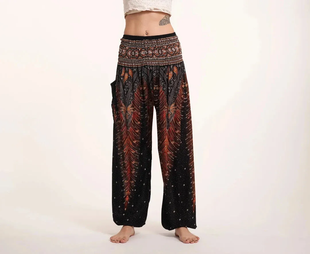 Peacock Feathers in Black / Unisex Harem Pants, Thailand