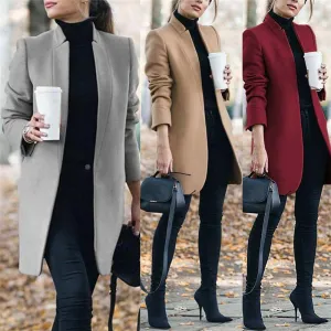 Purpdrank - New Women Wool Coat Autumn Winter Fashion Long Sleeve Stand Neck Jackets Plus Size S-5XL Solid Vintage Female Overcoats