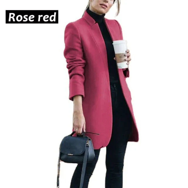 Purpdrank - New Women Wool Coat Autumn Winter Fashion Long Sleeve Stand Neck Jackets Plus Size S-5XL Solid Vintage Female Overcoats