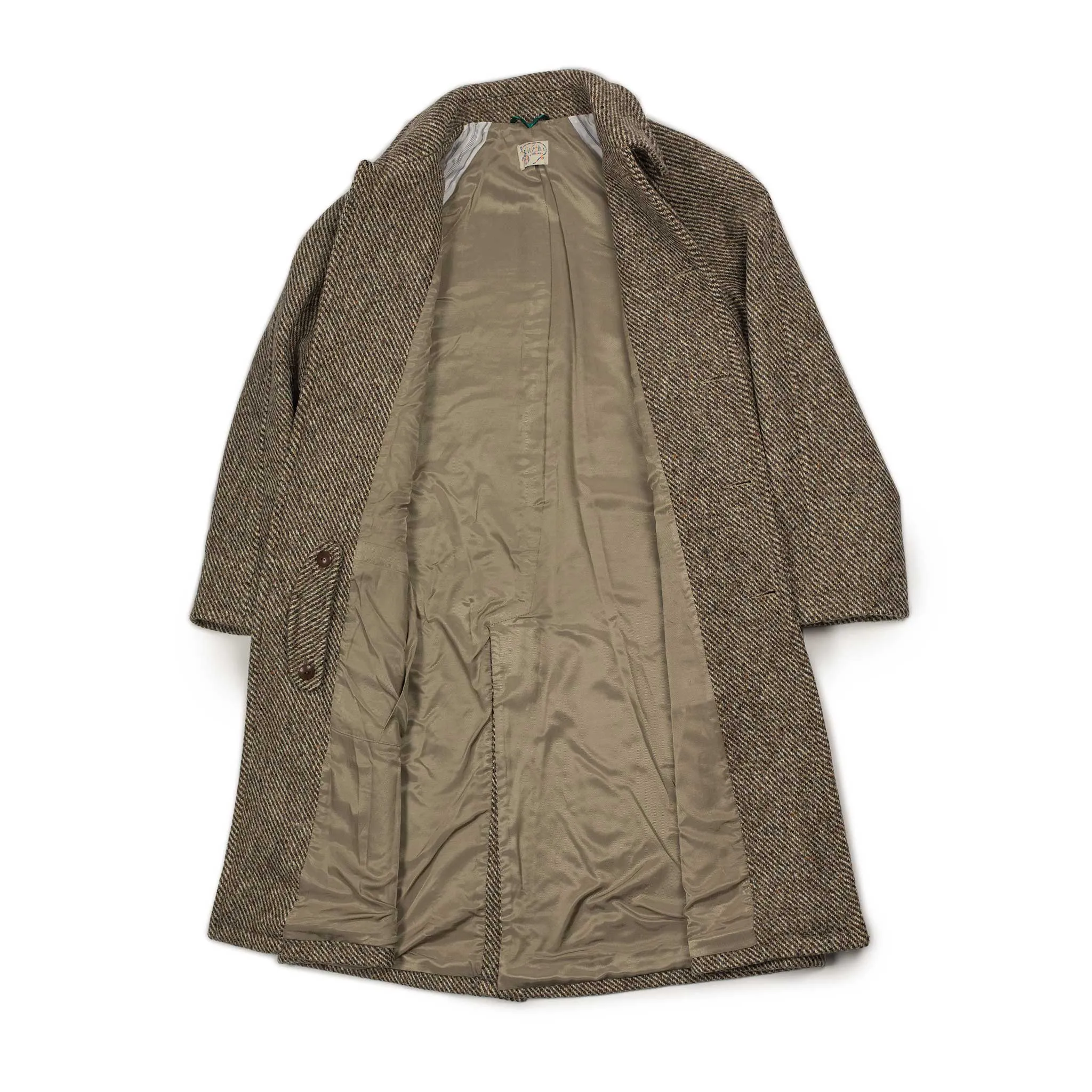 Raglan coat in brown and cream donegal tweed wool twill