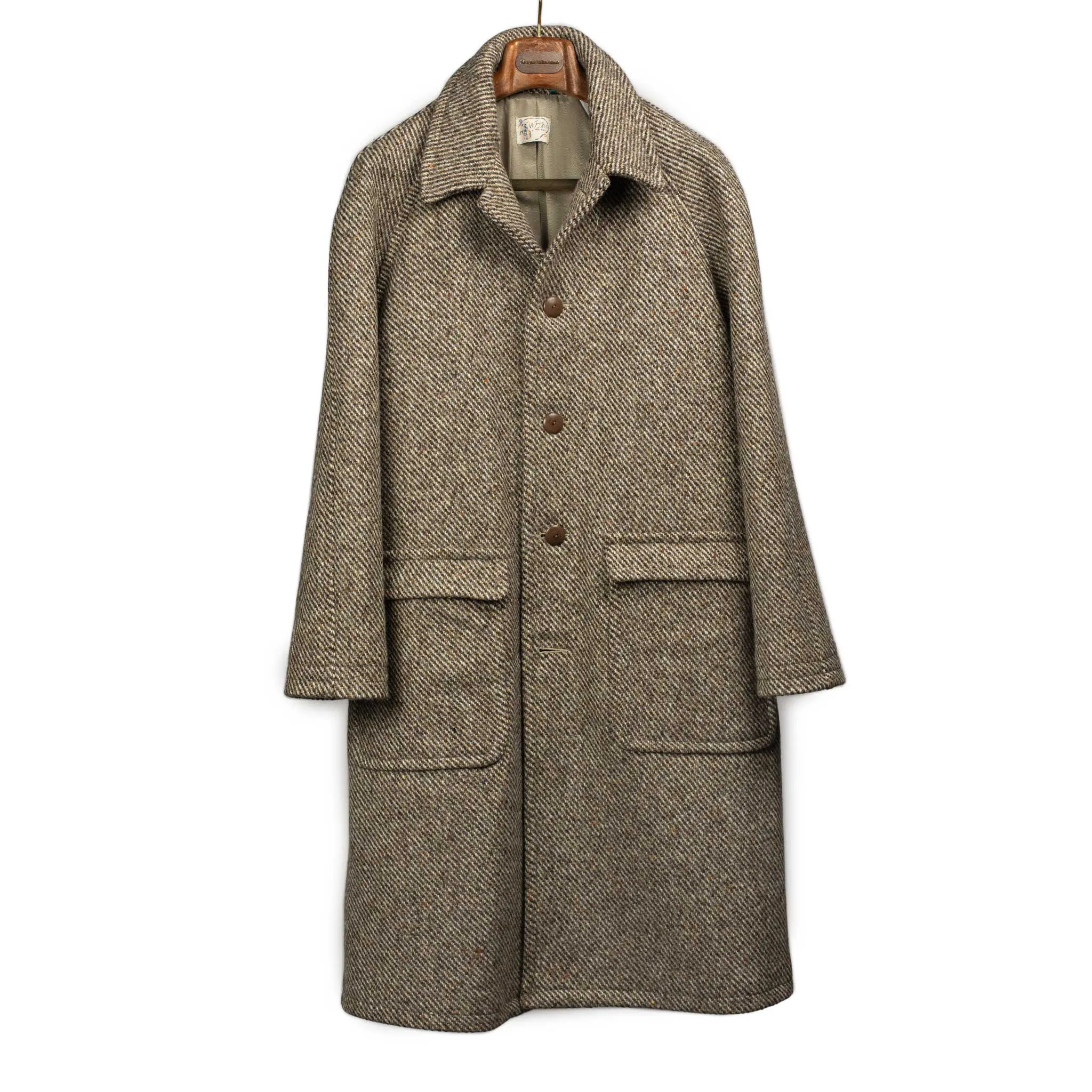 Raglan coat in brown and cream donegal tweed wool twill