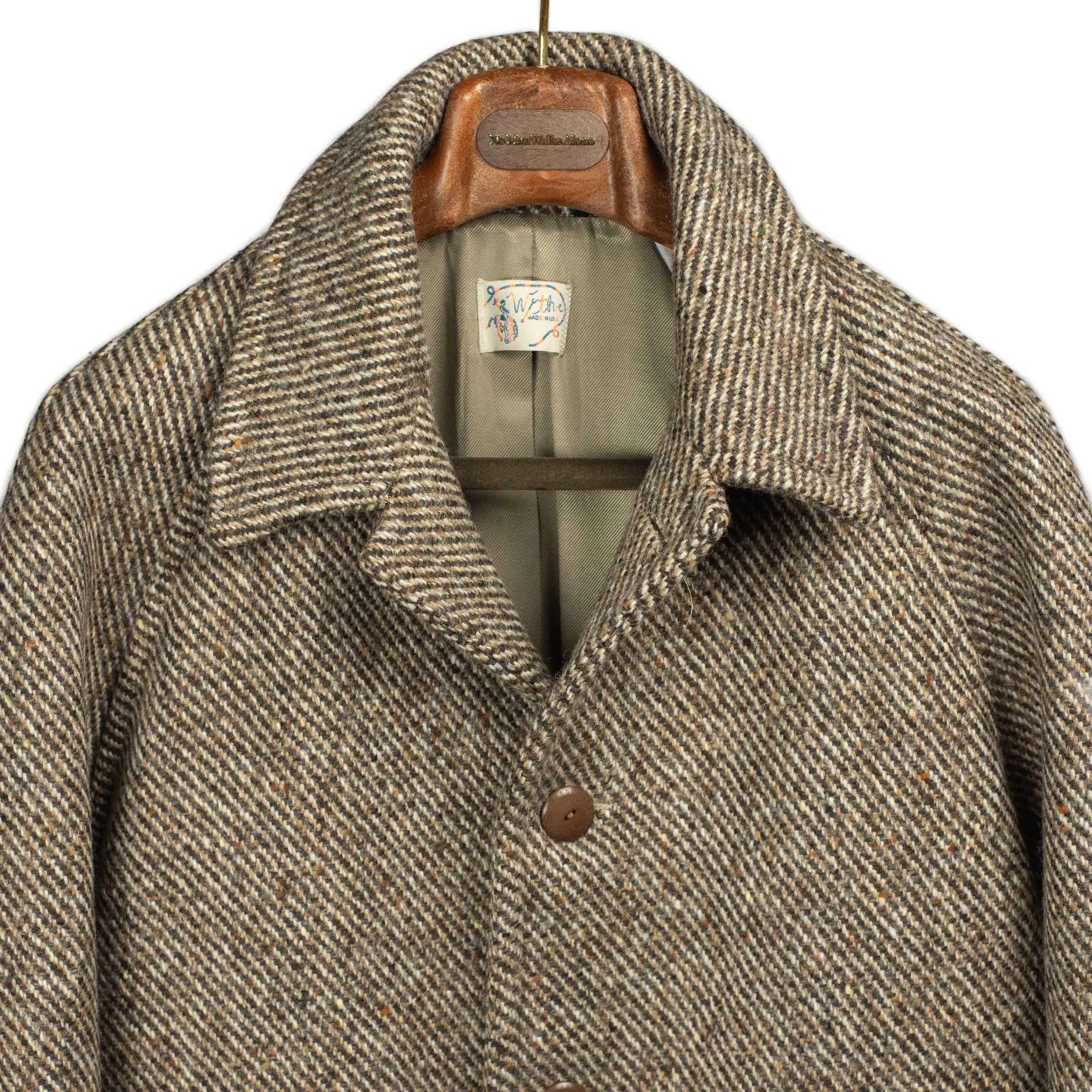 Raglan coat in brown and cream donegal tweed wool twill