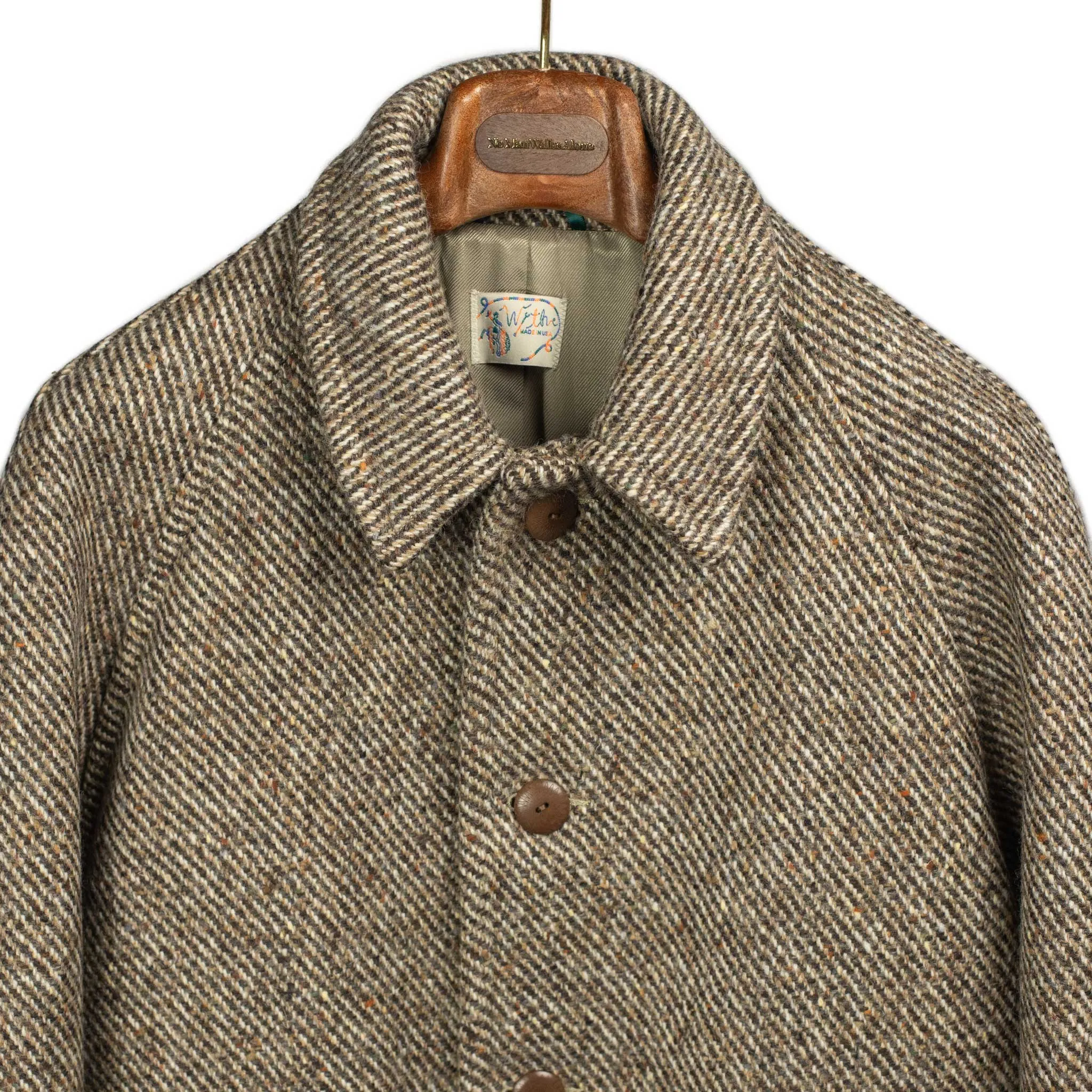 Raglan coat in brown and cream donegal tweed wool twill