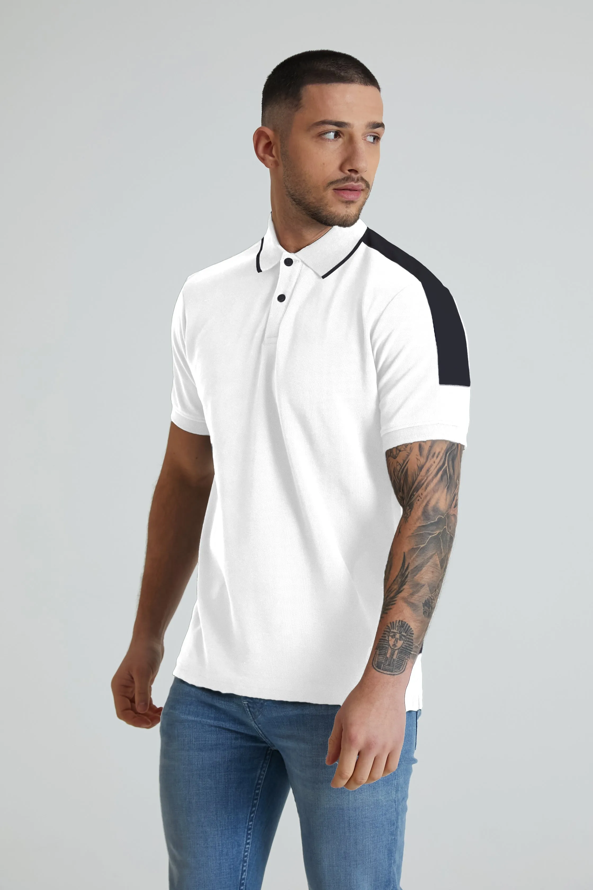 Robbie honeycomb pique polo in White with Navy contrast