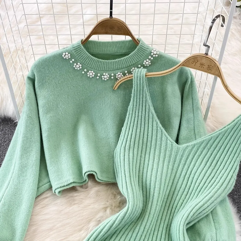 round neck beaded sweater two-piece hot girl knitted vest dress for women      S4116