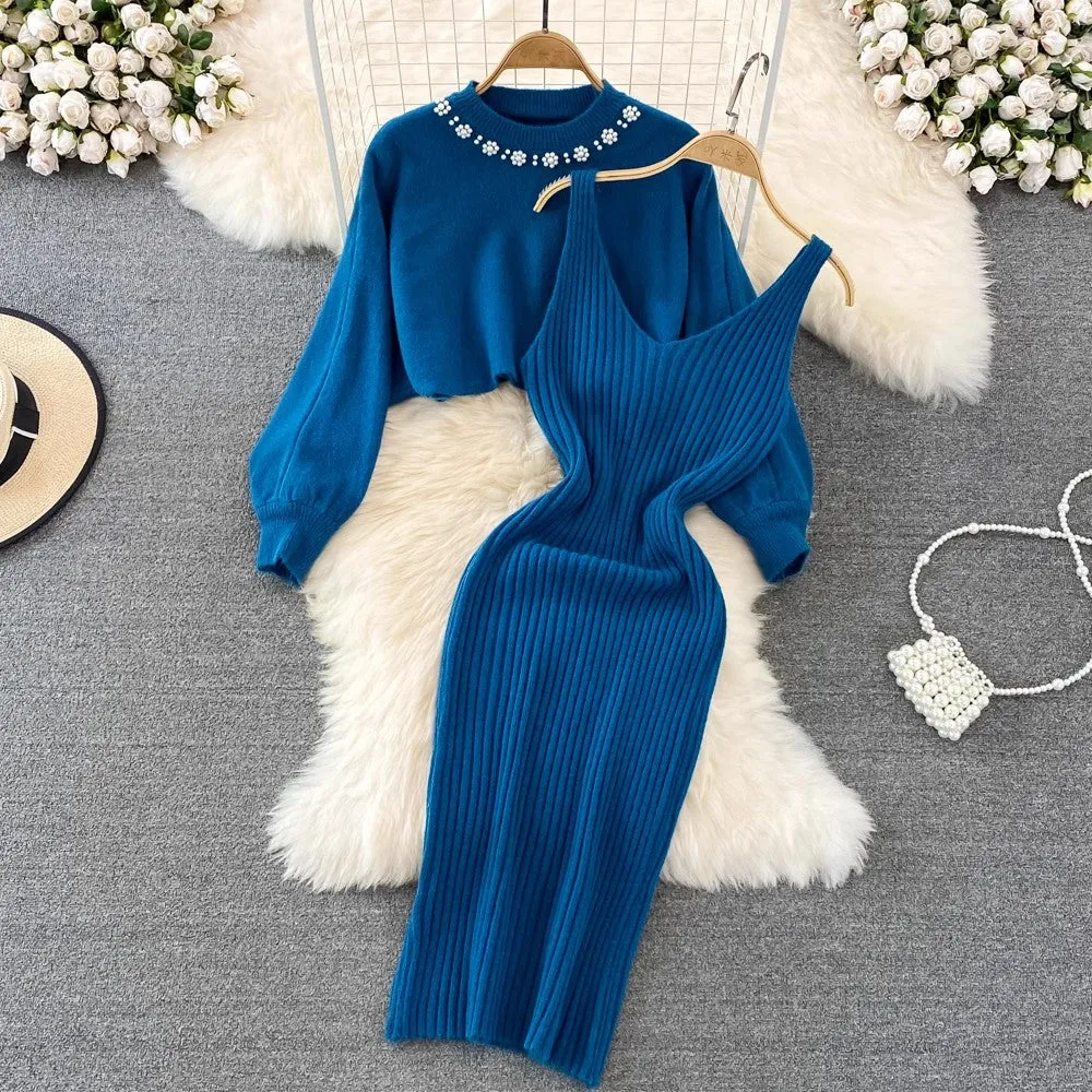 round neck beaded sweater two-piece hot girl knitted vest dress for women      S4116