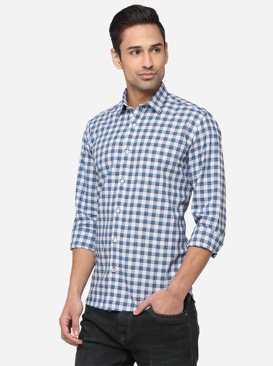 Sky Blue & Grey Checked Slim Fit Casual Shirt | Greenfibre