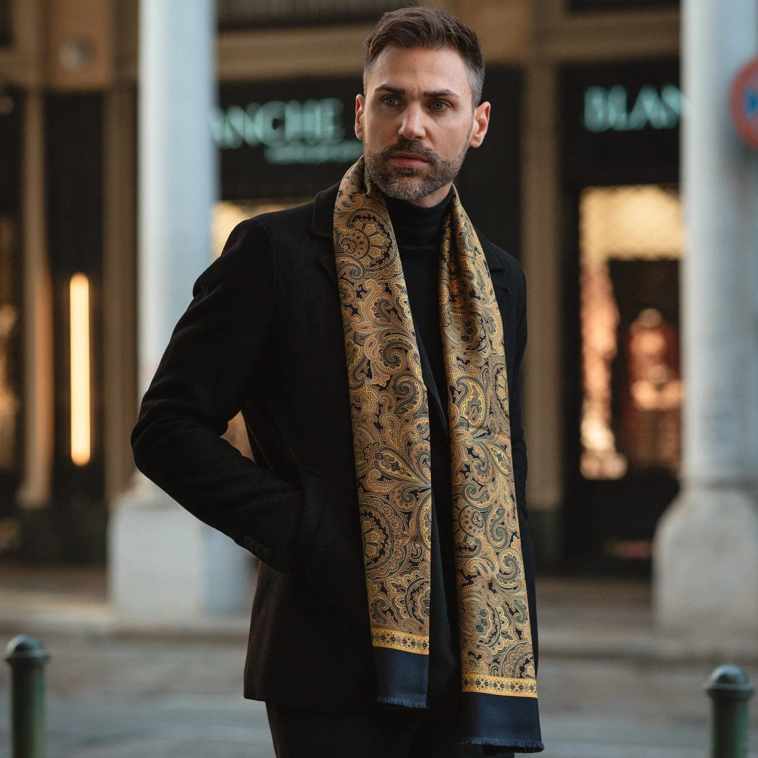 Sorrento - Wool Backed Silk Scarf - Gold & Black