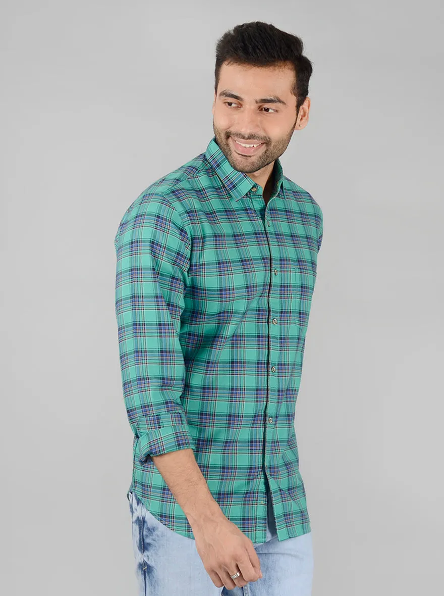 Spectra Green Checked Slim Fit Casual Shirt | JadeBlue