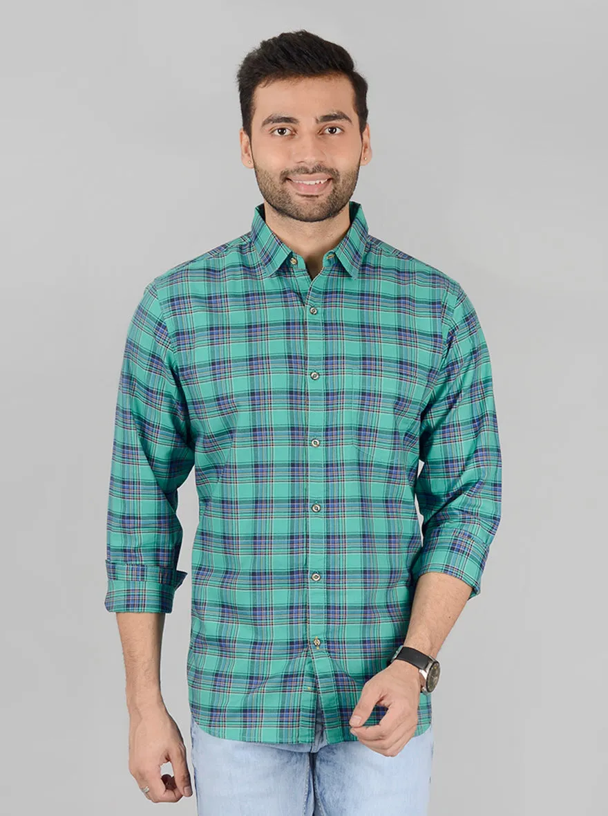 Spectra Green Checked Slim Fit Casual Shirt | JadeBlue