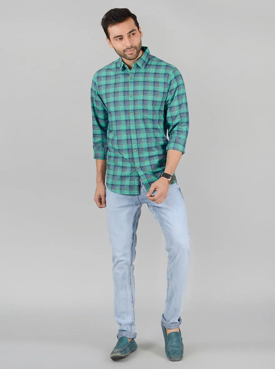 Spectra Green Checked Slim Fit Casual Shirt | JadeBlue