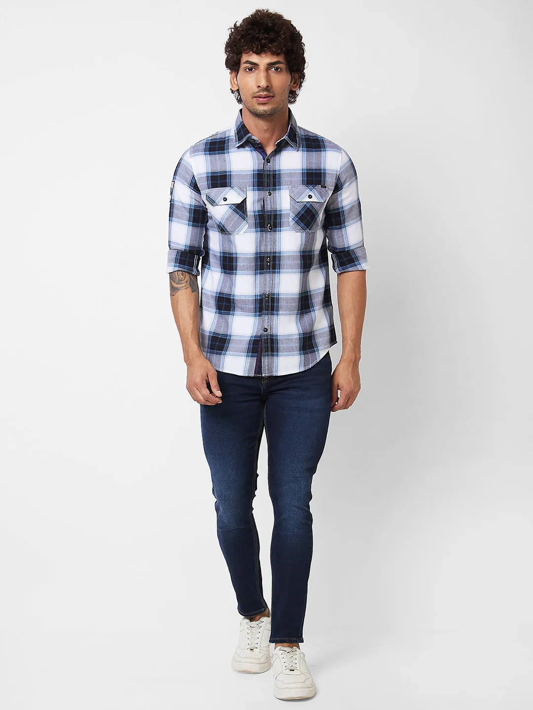 Spykar Grey CHECKED FULL SLEEVE Shirt For Men