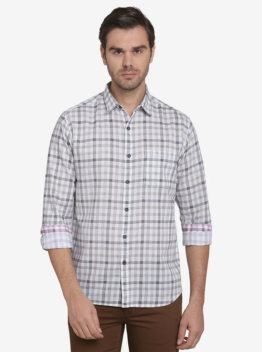 Stone Grey & White Checked Slim Fit Casual Shirt | Greenfibre