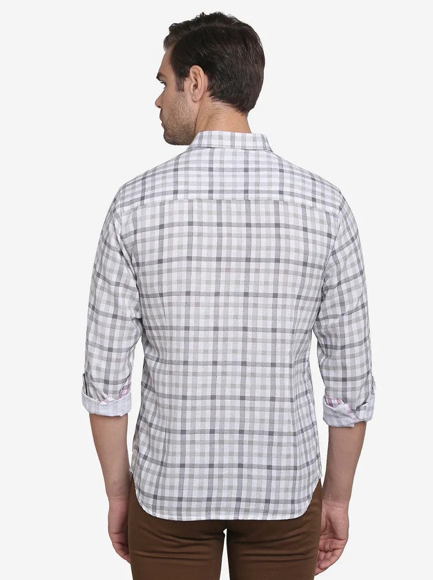 Stone Grey & White Checked Slim Fit Casual Shirt | Greenfibre