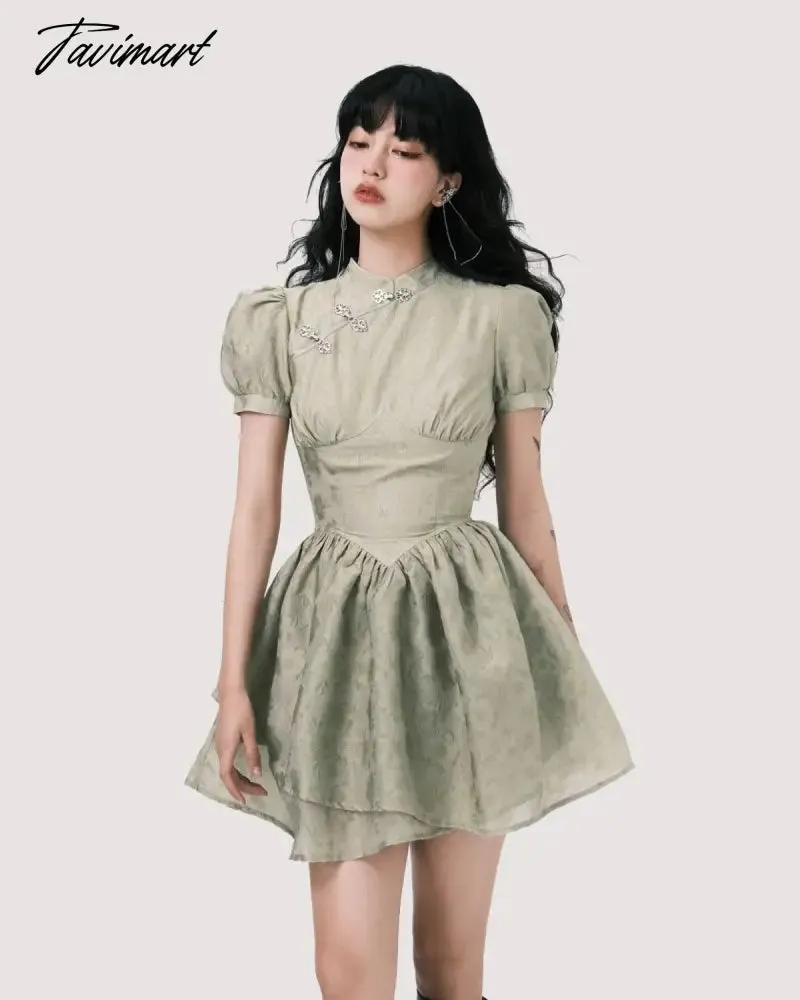 Tavimart Ruffles Pleated Green Dress Puff Sleeve Vintage Harajuku Cheongsam Dresses Women Party Elegant A-Line Sweet Prepply Cute Vestido