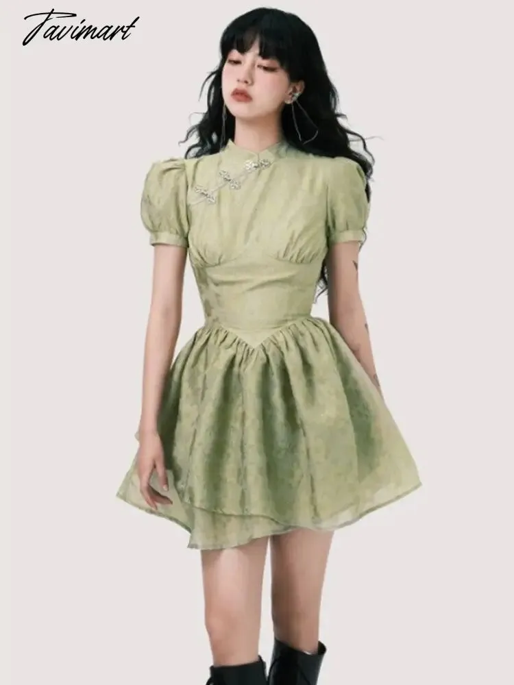 Tavimart Ruffles Pleated Green Dress Puff Sleeve Vintage Harajuku Cheongsam Dresses Women Party Elegant A-Line Sweet Prepply Cute Vestido