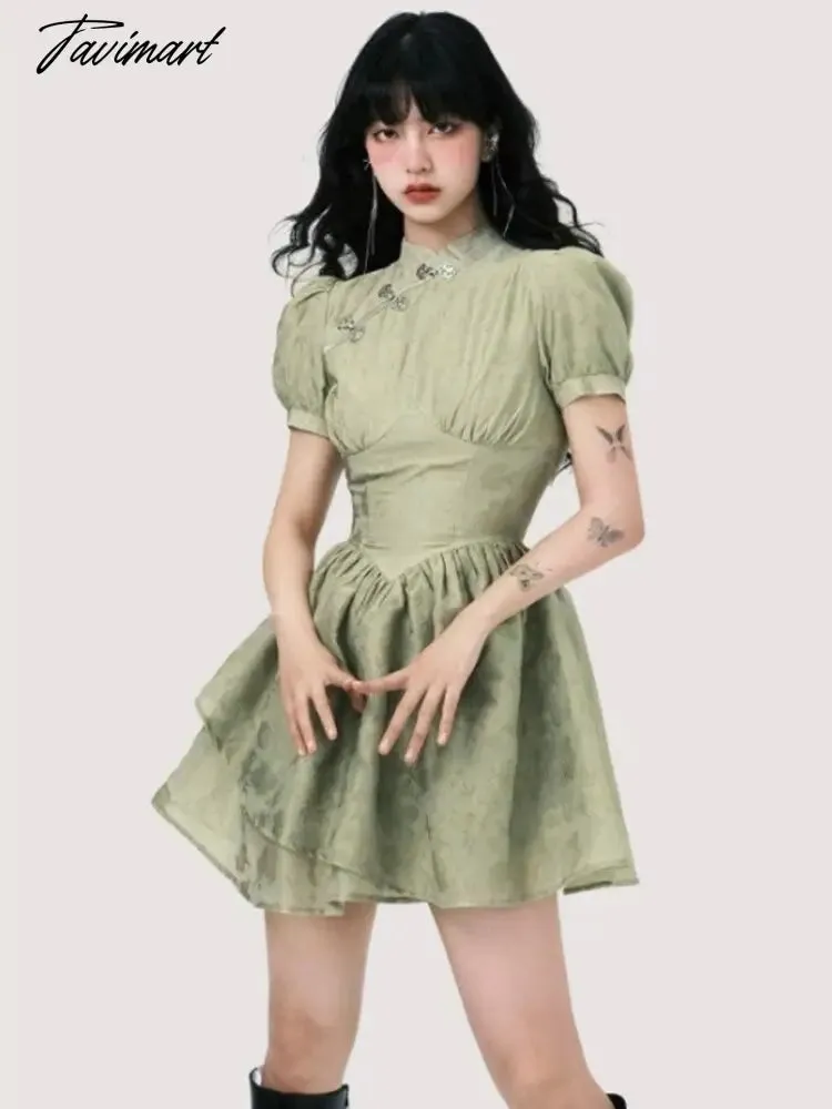 Tavimart Ruffles Pleated Green Dress Puff Sleeve Vintage Harajuku Cheongsam Dresses Women Party Elegant A-Line Sweet Prepply Cute Vestido