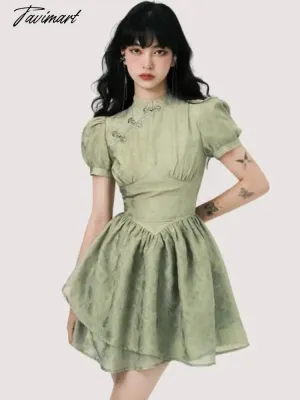 Tavimart Ruffles Pleated Green Dress Puff Sleeve Vintage Harajuku Cheongsam Dresses Women Party Elegant A-Line Sweet Prepply Cute Vestido