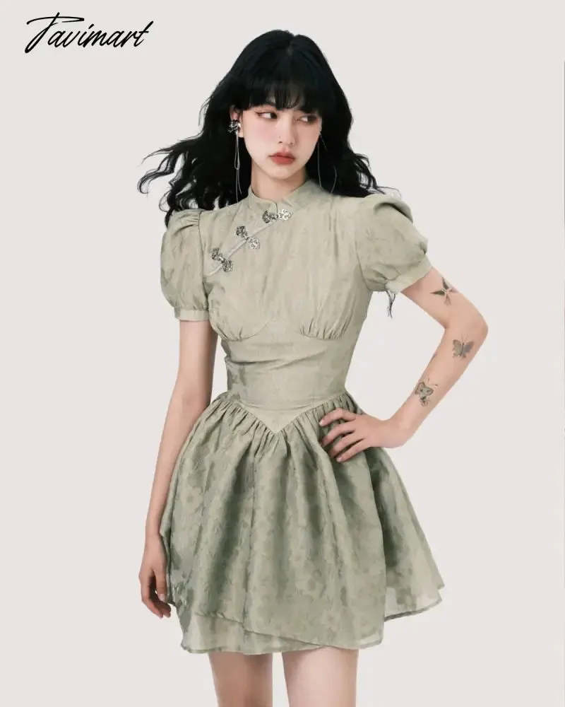 Tavimart Ruffles Pleated Green Dress Puff Sleeve Vintage Harajuku Cheongsam Dresses Women Party Elegant A-Line Sweet Prepply Cute Vestido