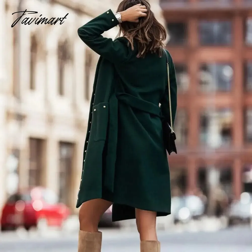 Tavimart Women Long Sleeve Lapel Button Woolen Coat Casual Lace-Up Solid Warm Jacket Fall Winter Double-Breasted Rivet Handsome Overcoats