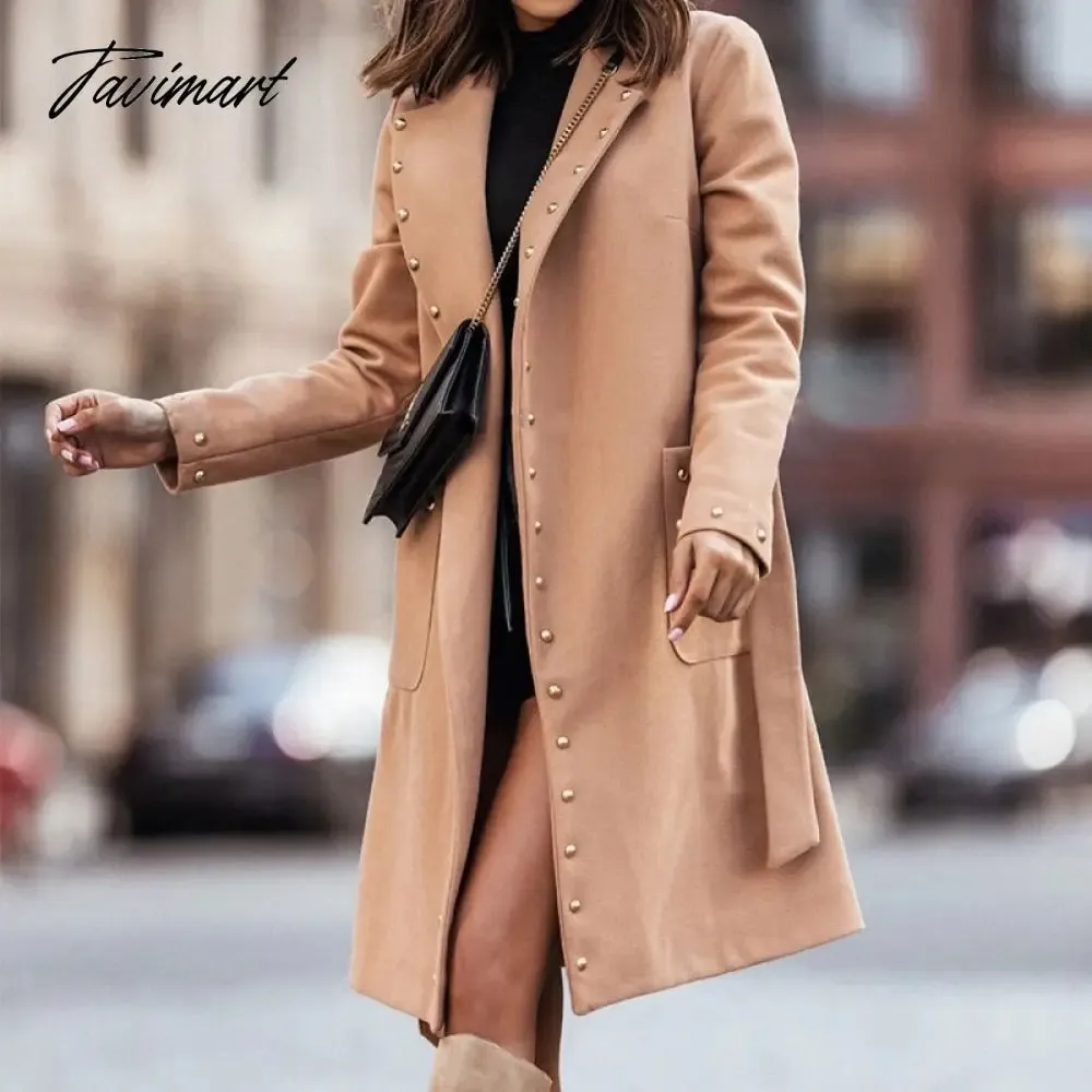 Tavimart Women Long Sleeve Lapel Button Woolen Coat Casual Lace-Up Solid Warm Jacket Fall Winter Double-Breasted Rivet Handsome Overcoats