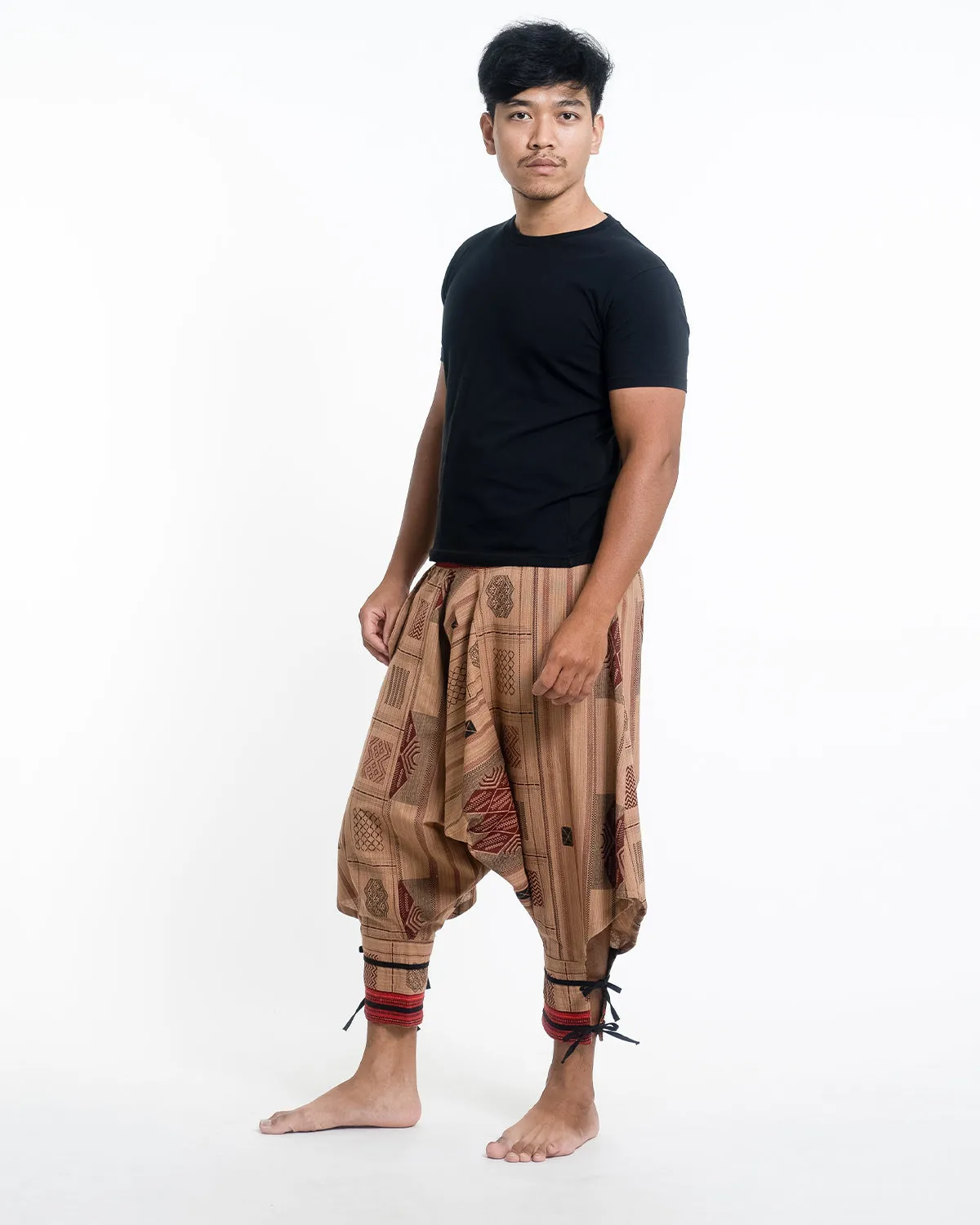 Thai Hill Tribe Fabric Drop Crotch Harem Pants with Ankle Straps in Beige