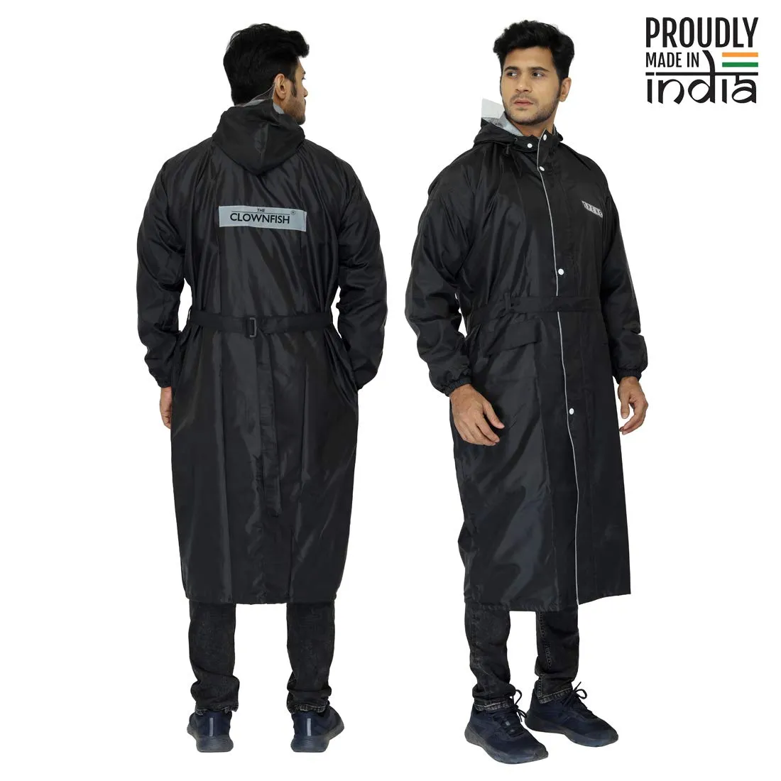 THE CLOWNFISH Polyester Reversible Unisex Waterproof Long Coat Raincoat For Men And Women With Adjustable Hood And Reflector For Night Visibility Opener Series (Black-Free Size)