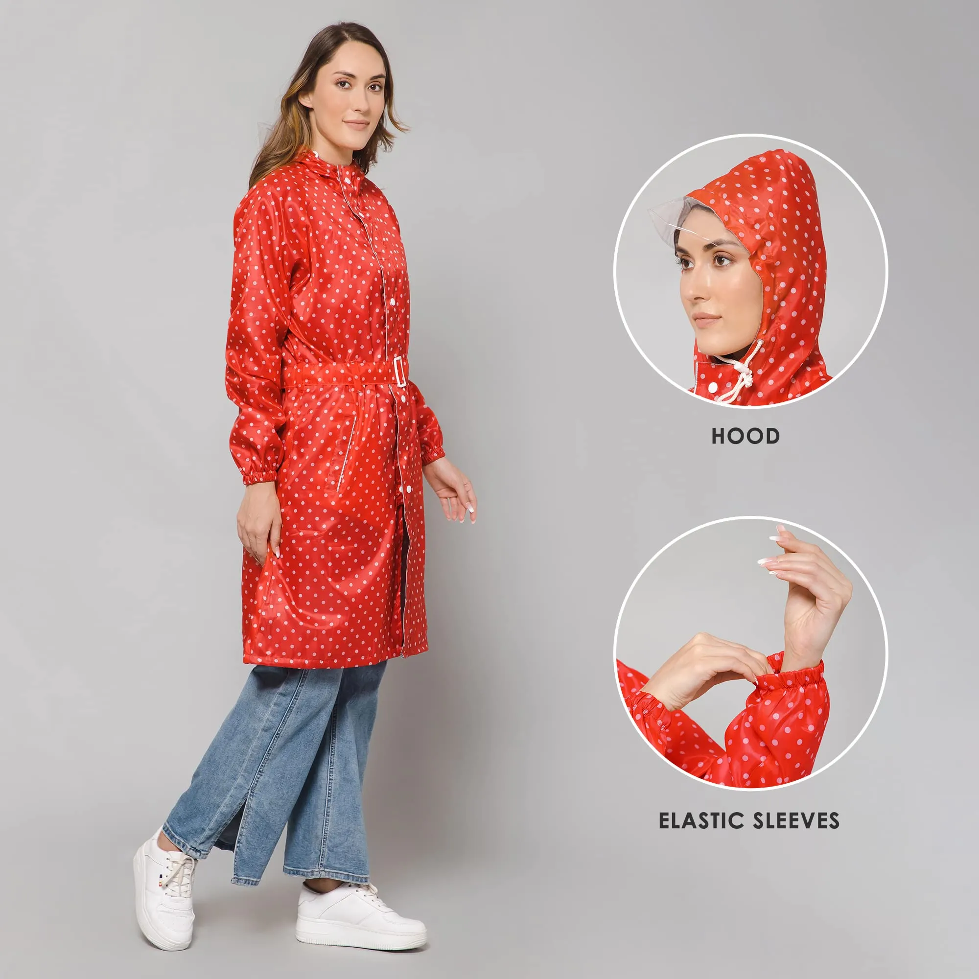 THE CLOWNFISH Raincoats for Women Rain Coat for Women Longcoat Raincoat for Ladies Waterproof Reversible Double Layer. Dotty Delight Series (Red, XXXX-Large)