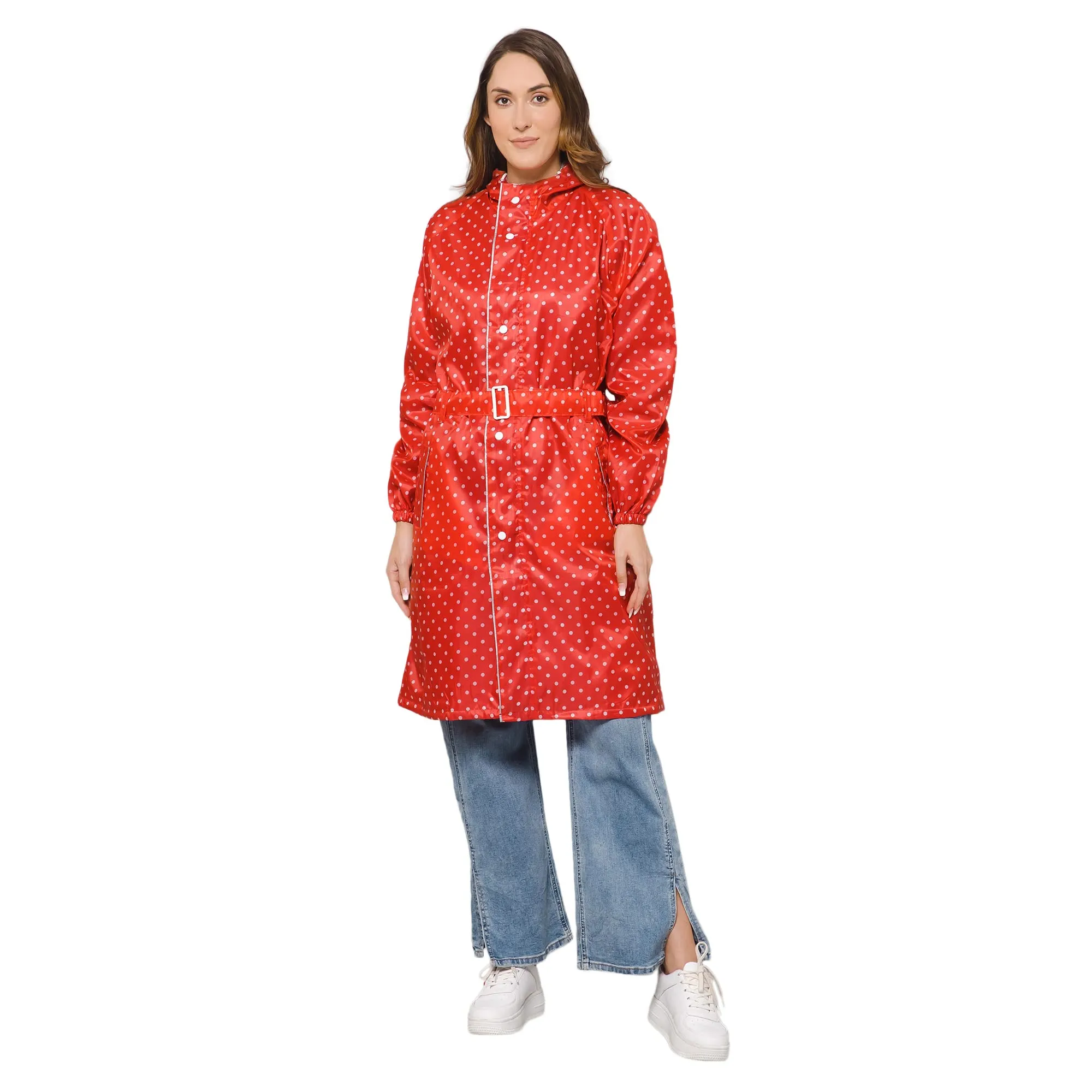 THE CLOWNFISH Raincoats for Women Rain Coat for Women Longcoat Raincoat for Ladies Waterproof Reversible Double Layer. Dotty Delight Series (Red, XXXX-Large)