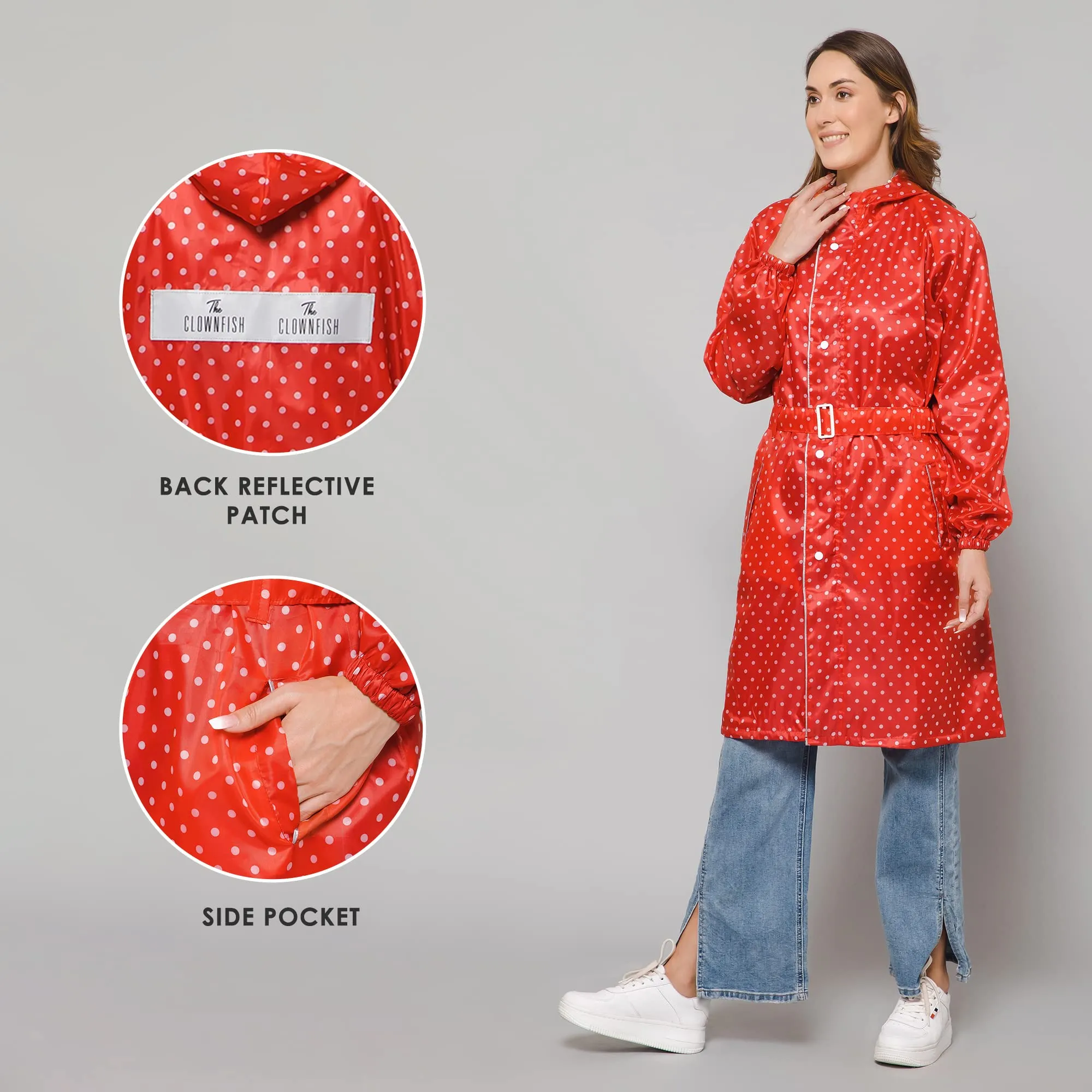 THE CLOWNFISH Raincoats for Women Rain Coat for Women Longcoat Raincoat for Ladies Waterproof Reversible Double Layer. Dotty Delight Series (Red, XXXX-Large)