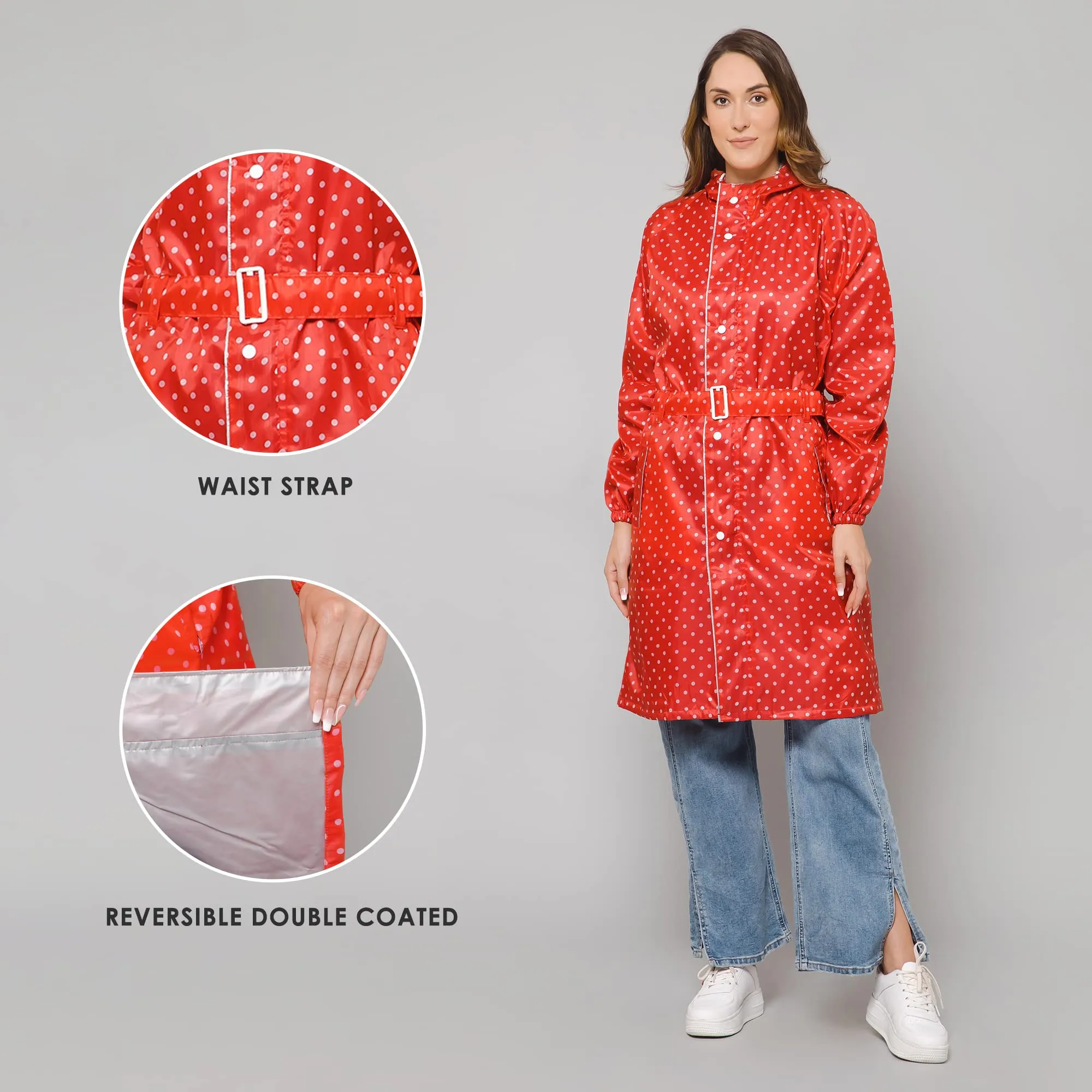 THE CLOWNFISH Raincoats for Women Rain Coat for Women Longcoat Raincoat for Ladies Waterproof Reversible Double Layer. Dotty Delight Series (Red, XXXX-Large)