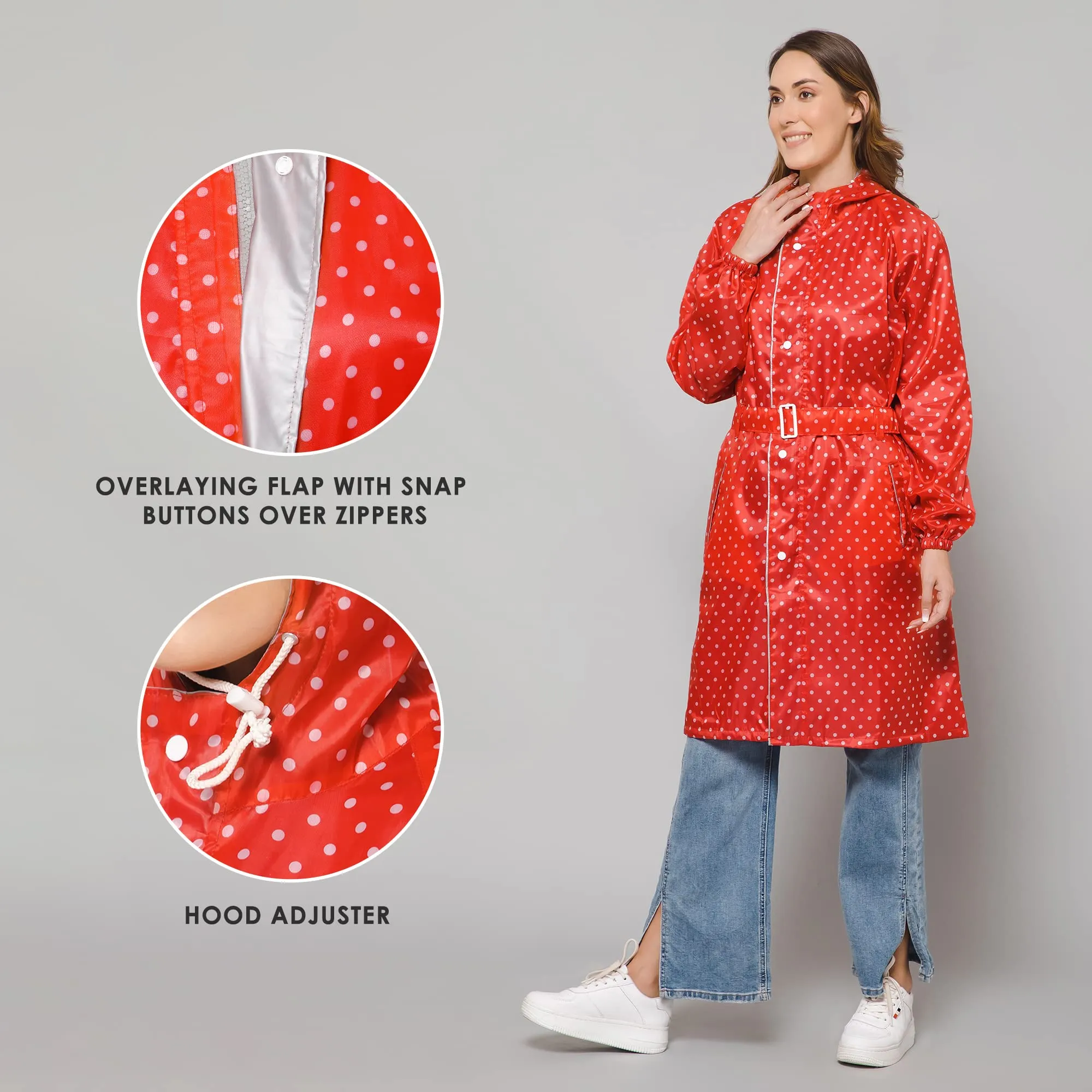 THE CLOWNFISH Raincoats for Women Rain Coat for Women Longcoat Raincoat for Ladies Waterproof Reversible Double Layer. Dotty Delight Series (Red, XXXX-Large)